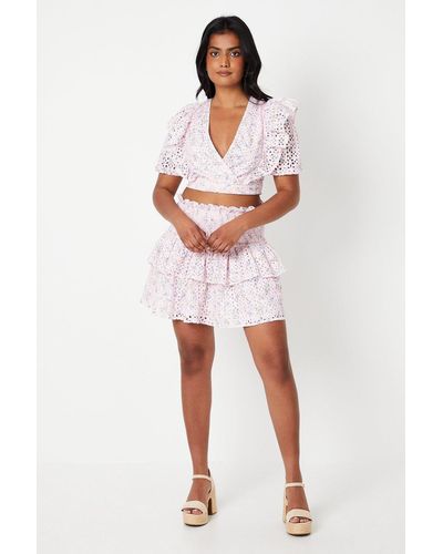 Oasis Printed Broderie Shirred Tiered Mini Skirt - Pink