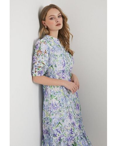 Oasis Occasion Floral Lace Button Through Midi Dress - Blue