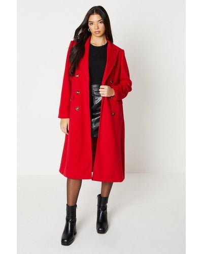 Oasis Double Breasted Twill Pleat Back Midi Coat - Red