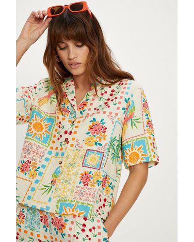 Oasis Linen Mix Patch Print Resort Shirt - White