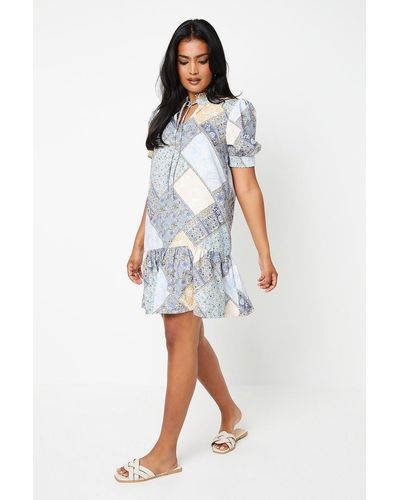 Oasis Patchwork Poly Moss Crepe Shirred Detail Puff Sleeve Mini Dress - Blue