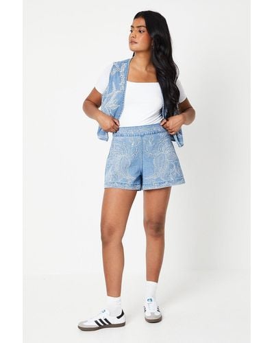 Oasis Petite Embroidered Denim Shorts - Blue