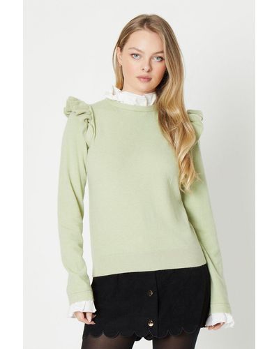 Oasis Ruffle Shoulder Jumper With Frill Neck & Cuff - Natural