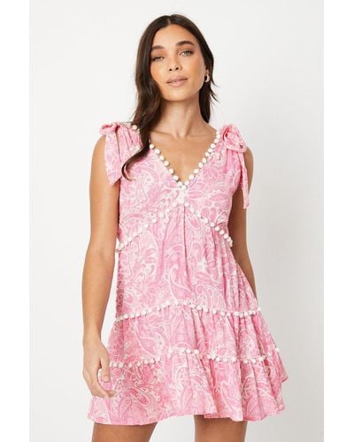 Oasis Petite Paisley Pom Pom Trim Tie Shoulder Crinkle Mini Dress - Pink