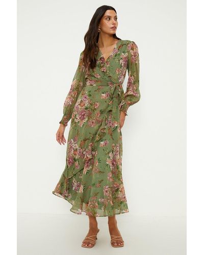 Oasis Floral Ruffle Chiffon Wrap Midi Dress - Green