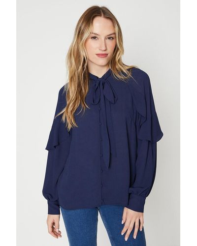 Oasis Frill Shoulder Pussy Bow Blouse - Blue