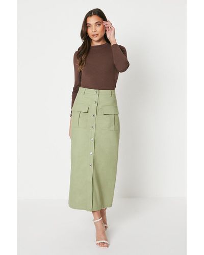 Oasis Petite Twill Pocket Button Through Maxi Skirt - Green