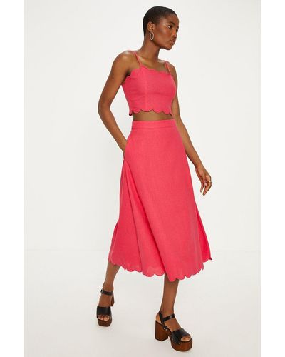 Oasis Linen Mix Scallop Detail Midi Skirt - Red