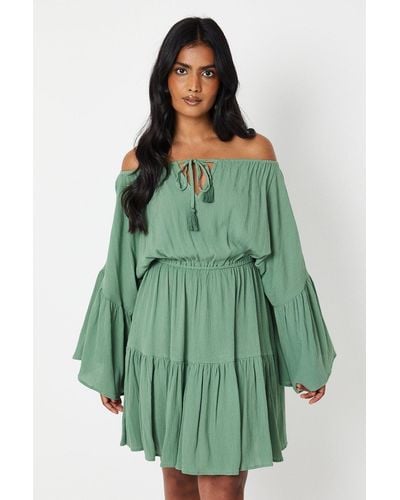 Oasis Crinkle Bardot Tassel Front Tiered Mini Dress - Green