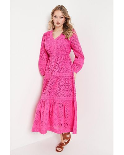Oasis Broderie Trim Detail Puff Sleeve Midi Dress - Pink