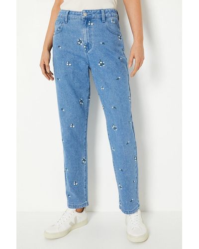 Oasis Floral Embroidered Denim Straight Leg Jeans - Blue