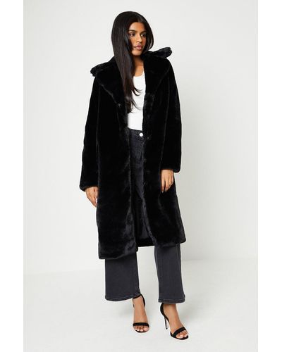 Oasis Petite Plush Faux Fur Open Collar Coat - Black