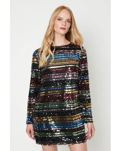 Oasis Rainbow Stripe Sequin Mini Shift Dress - Black