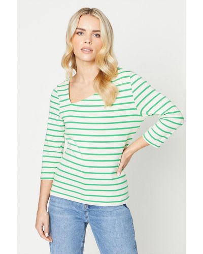 Oasis Petite Stripe Asymmetric Neck 3⁄4 Sleeve Jersey Top - Green