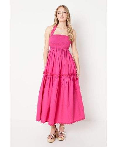 Oasis Cotton Poplin Shirred Halterneck Midi Dress - Pink