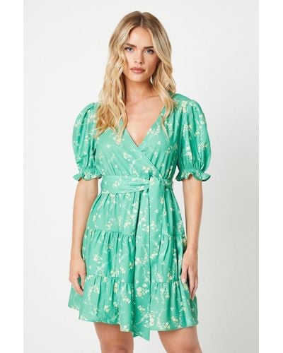 Oasis Petite Trailing Floral Crepe Wrap Front Belted Mini Dress - Green