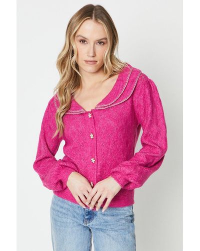 Oasis Pointelle Cardigan With Frill Collar - Pink