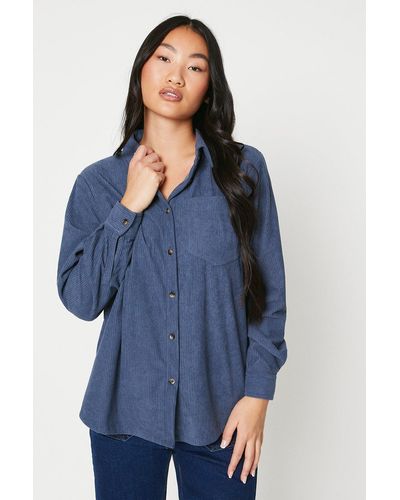 Oasis Petite Cord Pocket Button Through Shirt - Blue