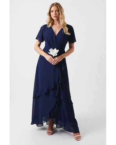 Oasis Kimono Sleeve Ruffle Chiffon Maxi Bridesmaids Dress - Blue