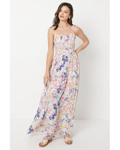 Oasis Floral Printed Crinkle Shirred Boddice Tie Strap Maxi Dress - Multicolour