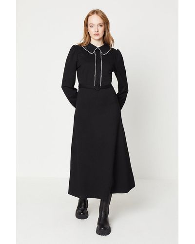 Oasis Contrast Stitch Scallop Collar Belted Ponte Midi Dress - Black