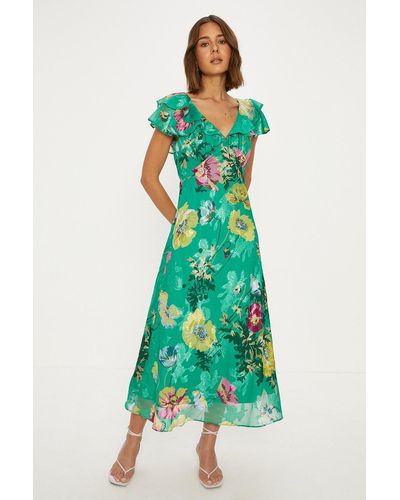 Oasis Petite Bright Floral Satin Burnout Ruffle Midi Dress - Green