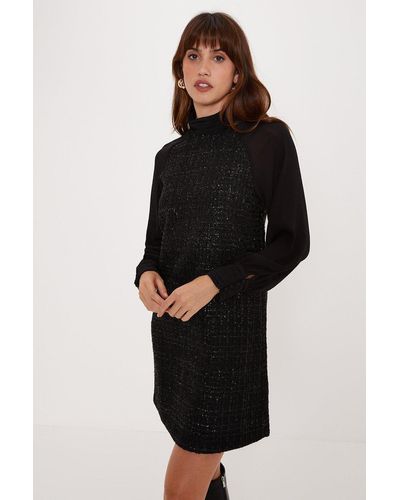 Oasis Tweed Long Sleeve Mini Dress - Black
