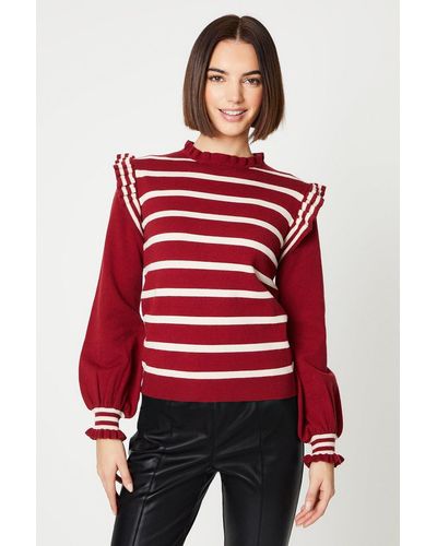 Oasis Frill Detail Striped Jumper - Red