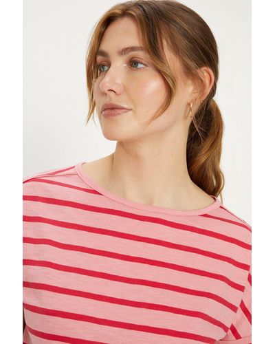 Oasis Essential Cotton Tonal Stripe Roll Sleeve Slub T-shirt - Pink