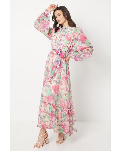 Oasis Floral Metallic Midi Dress - Pink