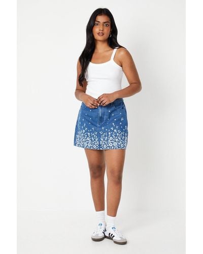Oasis Embroidered Hem Denim Mini Skirt - Blue