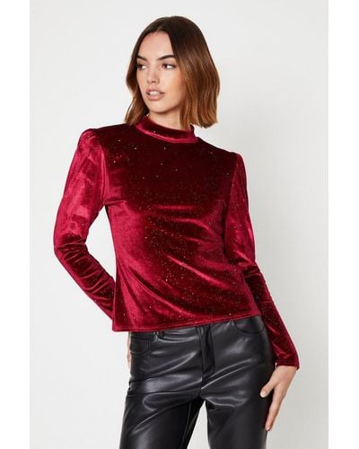 Oasis Glitter Velvet Puff Sleeve Top - Red