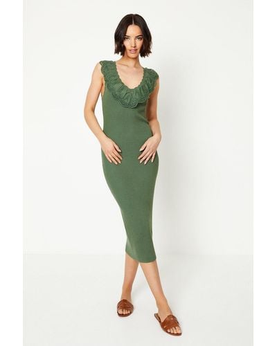 Oasis Lace Detail Ribbed Midi Dress - Green