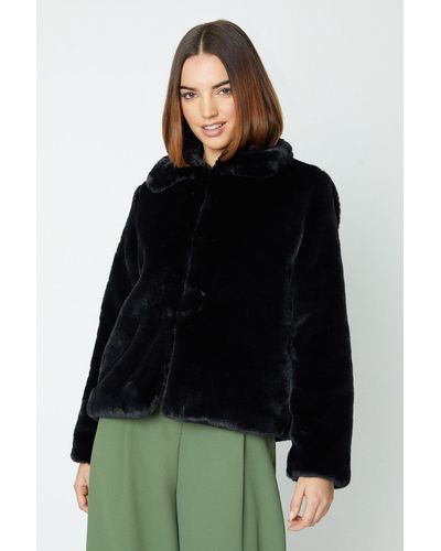 Oasis Plush Faux Fur Short Collared Coat - Black