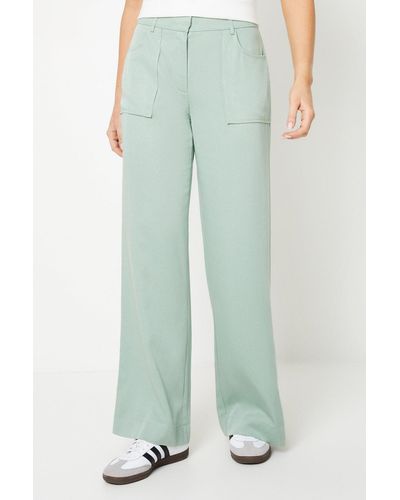Oasis Top Stitch Patch Pocket Wide Leg Trouser - Green