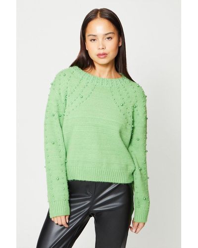 Oasis Petite Pearl Detail Knitted Cosy Jumper - Green