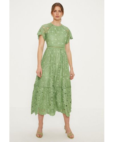 Oasis Petite Premium Floral Lace Cap Sleeve Midi Dress - Green