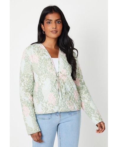 Oasis Printed Tie Front Quilted Jacket - Green