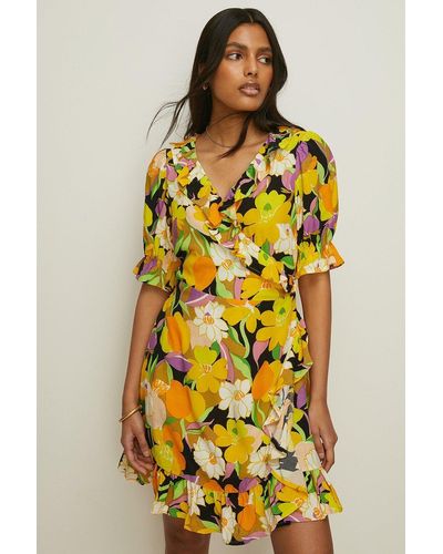 Oasis Graphic Floral Wrap Skater Dress - Yellow