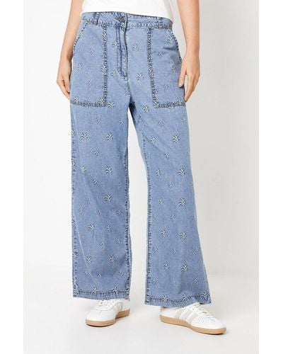 Oasis Chambray Embroidered Trousers - Blue