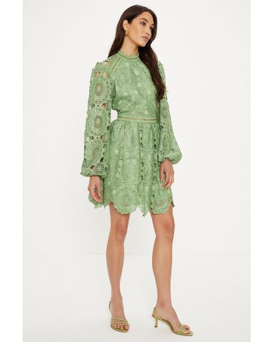 Oasis Premium Floral Lace Trim Insert Skater Dress - Green