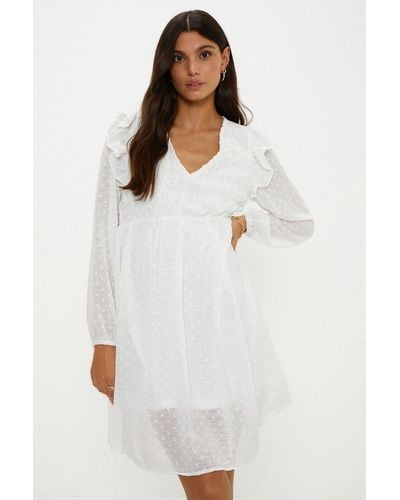 Oasis Chiffon Dobby Shirred Mini Dress - White