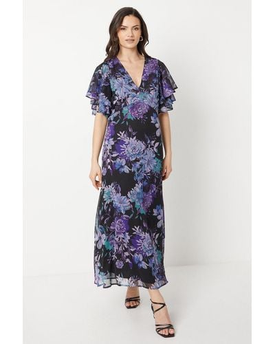 Oasis Floral Ruffle Sleeve Bias Midaxi Dress - Blue