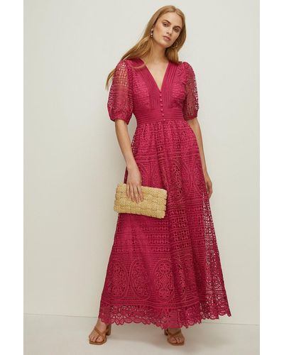 Oasis Premium Lace V Neck Maxi Dress - Red