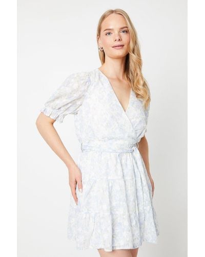 Oasis Floral Seersucker Puff Sleeve Wrap Mini Dress - White