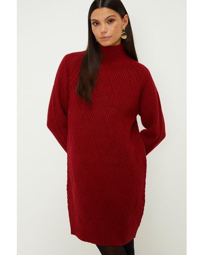 Oasis Diamond Stitch Cosy Jumper Dress - Red
