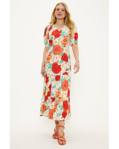 Oasis Floral V Neck Shirred Midi Dress