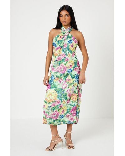 Oasis Petite Occasion Floral Halterneck Jacquard Midi Dress - Multicolour
