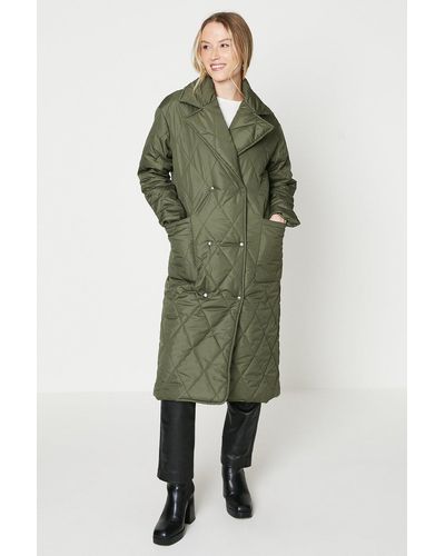 Oasis Quilted Collared Button Through Midi Coat - Green