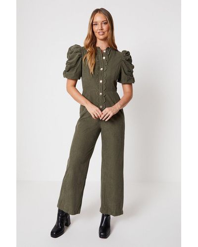 Oasis Cord Scallop Edge Puff Sleeve Jumpsuit - Green